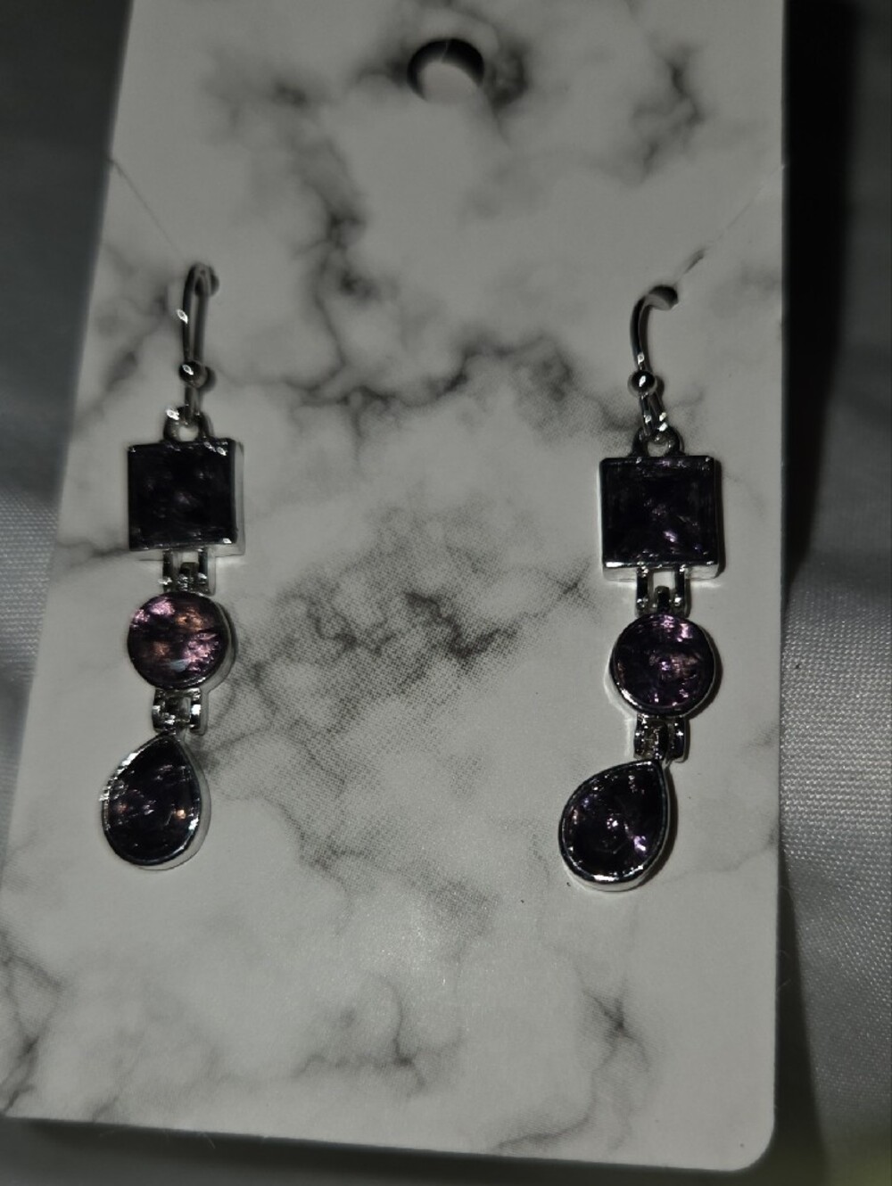 Silver-Tone Purple Dangle Earrings - Three-Stone Drop Design - Picture 2 of 5